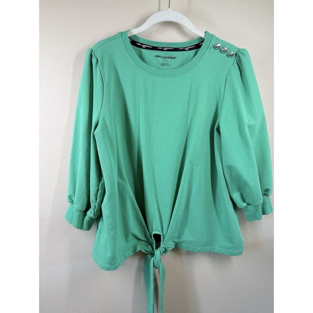Karl Lagerfeld Paris Women's M Shirt Blouse Tie Waist Cotton Green